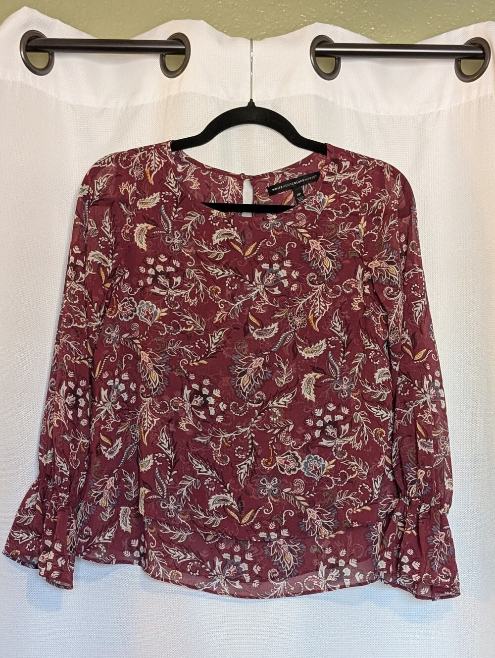 White House Black Market Burgundy Paisley Floral Sheer Blouse Size 0P